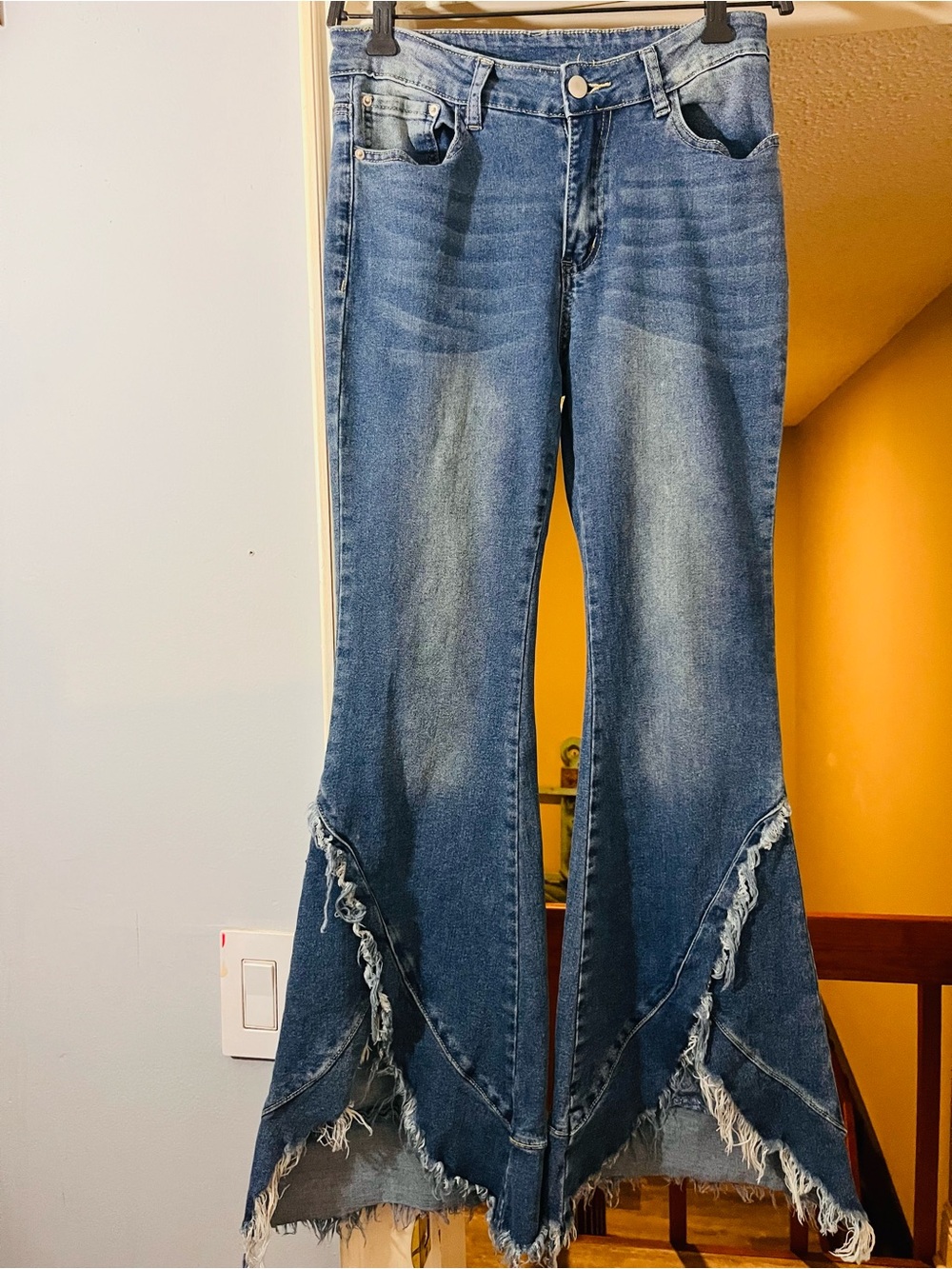 SHEIN Blue Distressed Flare Jeans with Frayed Layered Hem